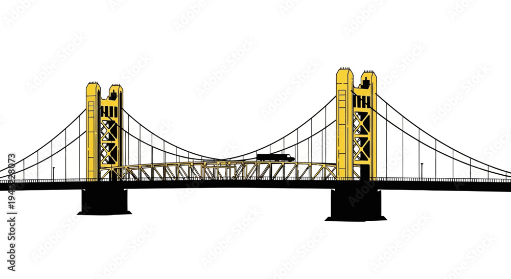 Fototapeta premium Iconic Tower Bridge Sacramento California USA - Yellow Suspension Bridge Architecture