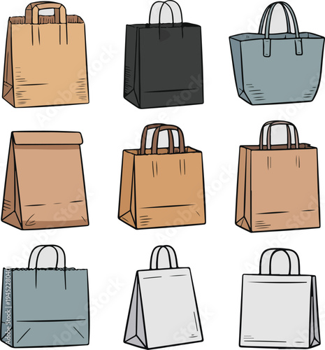 Set of shopping bags and fashion handbags with purse briefcase and suitcase in a vector illustration collection