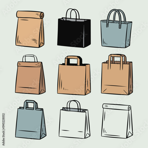 Set of fashion bags and shopping handbags collection with purse luggage and briefcase accessories illustration