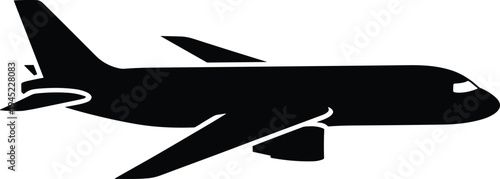 Black silhouette illustration of commercial airplane side view with wings, engines, stabilizers, and cockpit windows representing aviation, air travel, and transportation design artwork