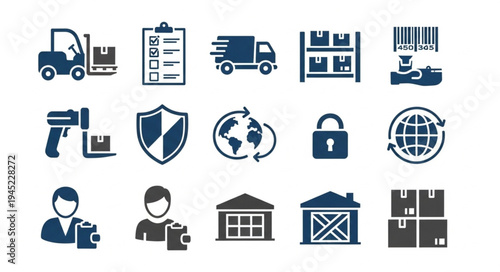 Logistics and Supply Chain Icon Set - Delivery, Warehouse, and Security.