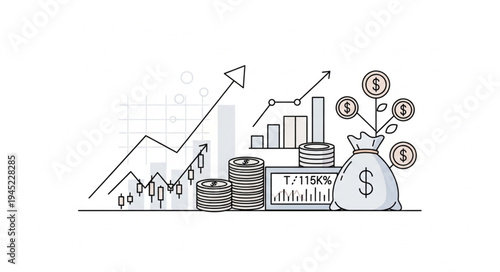 Financial Growth and Investment Strategy Illustration with Rising Charts and Money Bag.