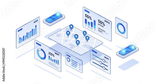 Isometric Data Analytics Dashboard with Location Pins and Charts.