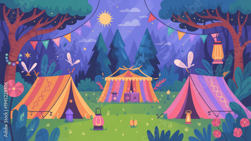 Colorful tents in a serene forest clearing at dusk with decorations and a warm ambiance