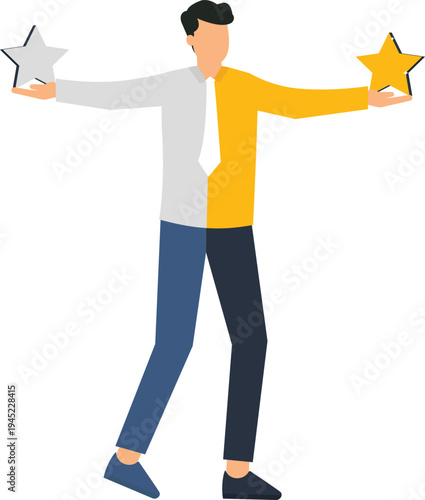 Businessman comparison holding rating stars duality concept choice decision star review split personality contrasting options evaluation process modern flat design