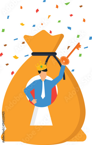 Successful businessman emerging from money bag holding golden key celebrating financial success corporate reward achievement flat design