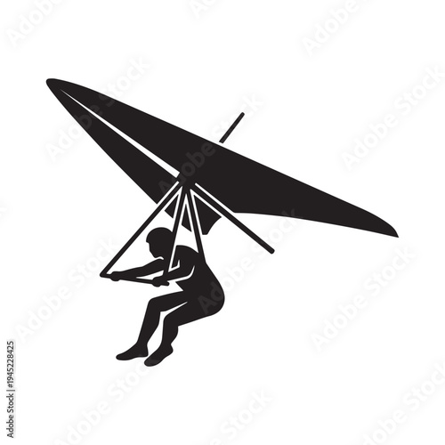 A black silhouette of a person hang gliding through the air in a vector illustration.