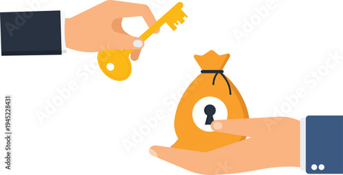 Hands holding golden key money bag financial solution business access security concept investment strategy unlocking wealth success key flat design