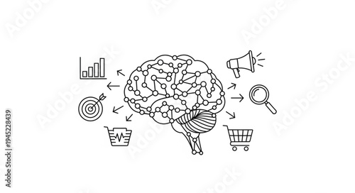 Brainstorming Marketing Strategy - Brain with Marketing Icons.