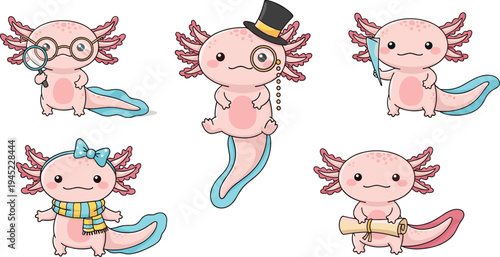 Set of cute pink axolotl vector characters wearing top hat monocle glasses and scarf in various poses isolated on a clean white background.