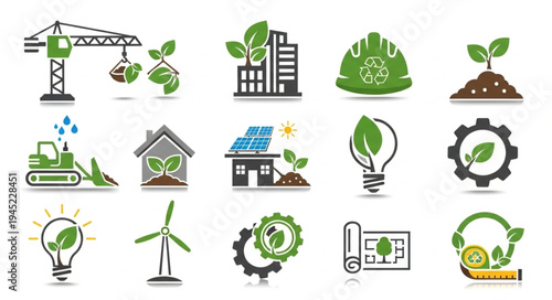 Eco-friendly construction and sustainable energy icons representing green building practices and renewable resources.