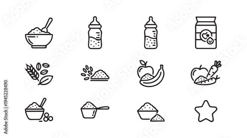 Baby Food Icons Set: Powders Fruits Vegetables and Feeding Supplies