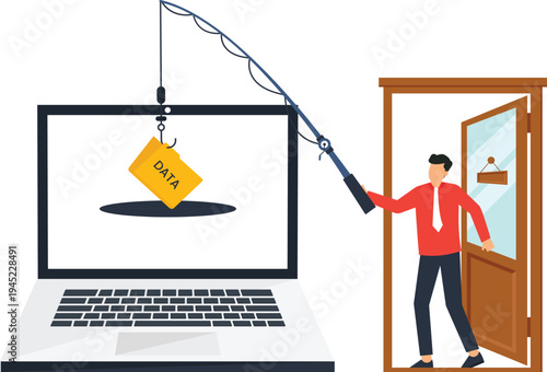 Phishing attack stealing confidential digital data from laptop screen using fishing rod, cyber security online fraud, network protection unauthorized access, business risk