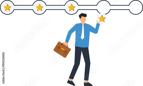Businessman tracking progress achievement goals corporate ladder star system rating scale performance review flat design career development quality service
