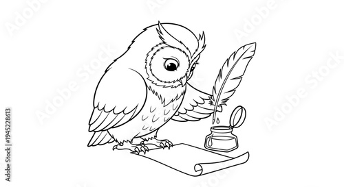 Cute Owl Writing with Feather Pen and Inkwell on Scroll Paper