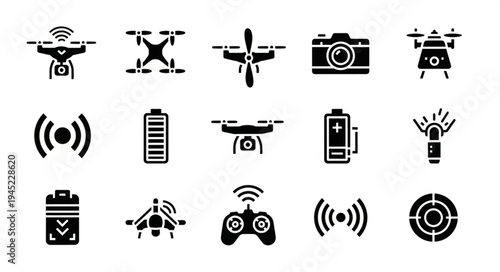 Collection of Drone and Related Technology Icons in Black Silhouette.