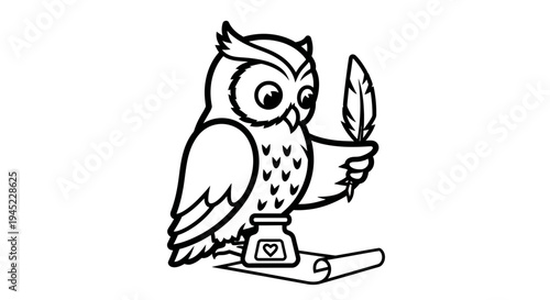 Cute Owl Writing With Feather and Inkwell, Education Concept