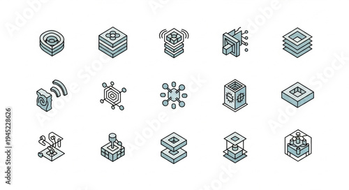 Isometric Data and Network Icons for Technology Concepts.