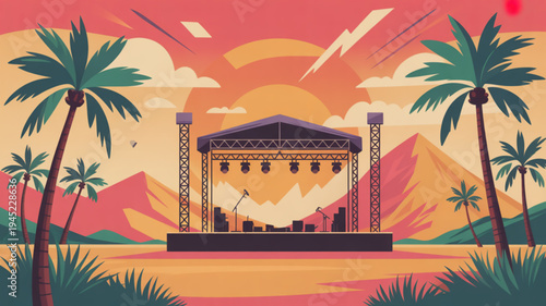 Outdoor music festival stage with palm trees and mountains at colorful sunset