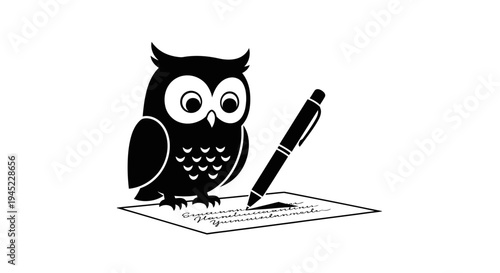 Cute Owl Writing with Pen on Paper, Education Concept