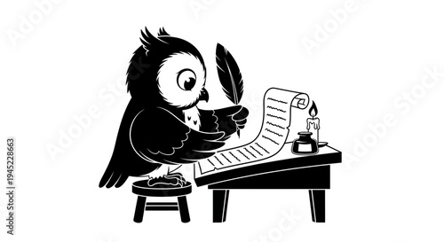 Cute Owl Writing with Quill Pen and Ink on Scroll Paper at Desk with Candle