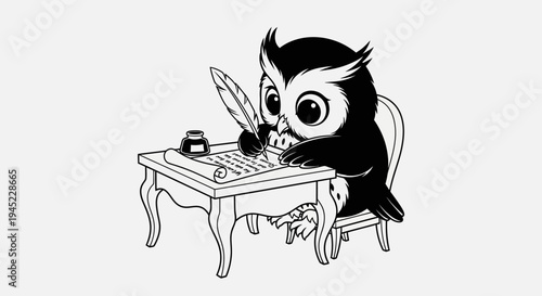 Cute Owl Writing with Quill Pen and Inkwell on Desk