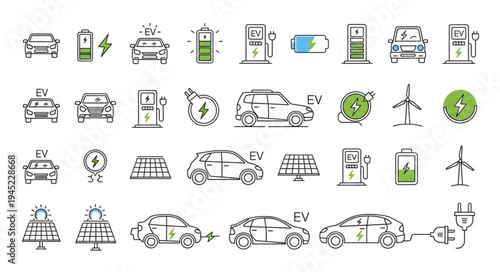 Electric Vehicle Icons - Sustainable Transportation and Renewable Energy Concepts.