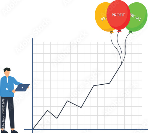Financial growth chart showing upward trend pulled by profit balloons, businessman analyzing data, business success strategy, market performance, investment return