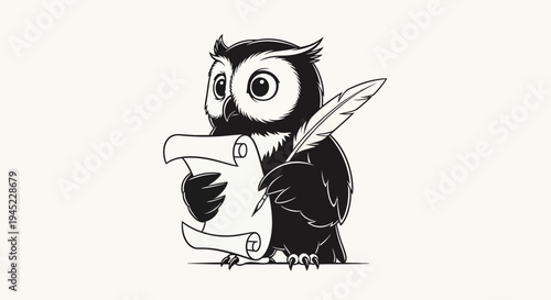 Cute Owl Writing with Quill on Scroll, Vector Illustration
