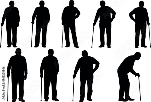 Collection of elderly man silhouettes walking with canes and standing in various poses isolated on white background for senior lifestyle.