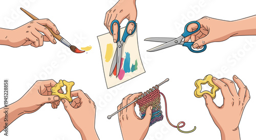 Hand vector collection showing various craft activities including painting with brush cutting paper with scissors knitting with yarn and holding star shapes on white background.
