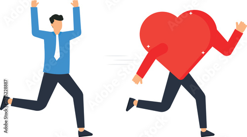 Businessman running, escaping feelings, large red heart, love pursuit, emotional chase, relationship concept, modern graphic, business man, running away, chasing figure