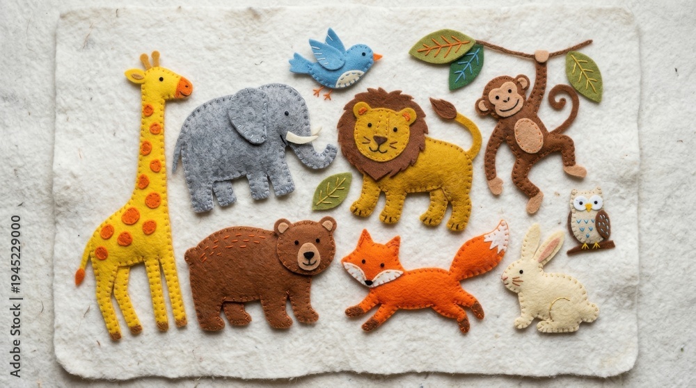 Obraz premium Colorful Felt Animal Collection on White Background for Children.