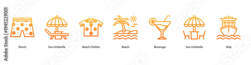 Beach Relaxation web banner icon vector illustration featuring Shorts, Sun Umbrella, Beach Clothes, Beach, Beverage, Ship, and Sun Umbrella for seaside enjoyment.