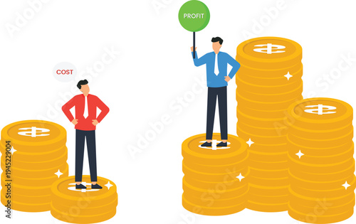 Business profit financial comparison money stacks cost reduction business strategy investment return wealth management corporate finance economic success revenue growth maximizing income