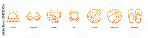 Summer Vacation web banner icon vector illustration featuring Sunset, Sunglasses, Snorkel, Sun, Location, Beach Ball, and Flip Flops for a perfect holiday vibe.