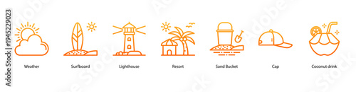 Coastal Paradise web banner icon vector illustration featuring Weather, Surfboard, Lighthouse, Resort, Sand Bucket, Cap, and Coconut Drink for beach and ocean fun.