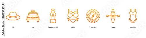 Summer Lifestyle web banner icon vector illustration featuring Hat, Taxi, Water Bottle, Bikini, Compass, Canoe, and Swimsuit for tropical beach adventures.