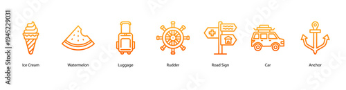 Seaside Journey web banner icon vector illustration featuring Ice Cream, Watermelon, Luggage, Rudder, Road Sign, Car, and Anchor for summer travel vibes.