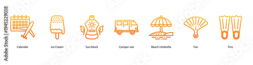 Holiday Planner web banner icon vector illustration featuring Calendar, Ice Cream, Sun Block, Camper Van, Beach Umbrella, Fan, and Fins for a complete summer trip.