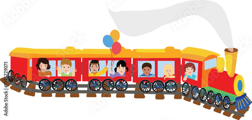Cartoon vector illustration of festive train with locomotive, passenger cars, children waving, balloons, smoke clouds, symbolizing kids education, party decoration, entertainment artwork, and joyful 