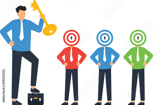 Successful businessman holding golden key, finding opportunity, strategic planning, target audience, goal achievement, unlocking potential, corporate strategy, key performance, business solution.