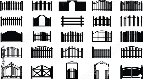 Collection of 25 black silhouette icons showing diverse fence and gate designs including picket, wrought iron, wooden rail, and arched decorative architectural style