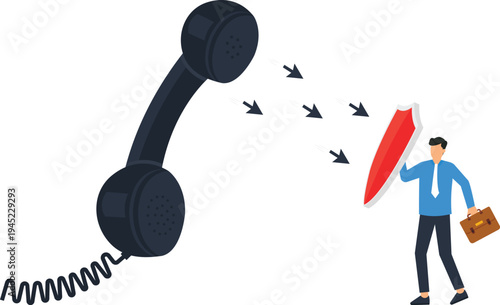 Businessman protecting business risk using digital shield from unwanted calls, spam defense, communication security, phone protection, harassment prevention, corporate safety