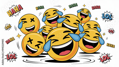 Laughing emojis with tears of joy and comic sound effects