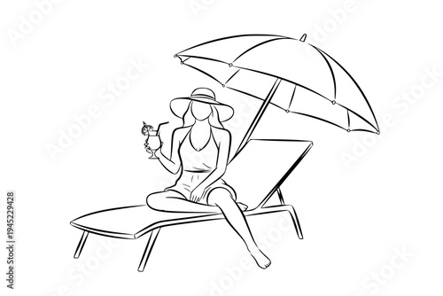 Summer Vacation Woman Relaxing Sun Lounger Beach Umbrella Cocktail Drink Holiday Black Vector Silhouette