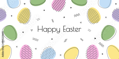 Happy Easter banner with geometric shapes. Memphis style colorful eggs with lines, dots, zig zag. Vector illustration in flat style for template, web, print.