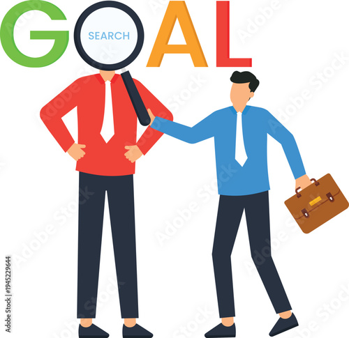 Business people searching business goal using magnifying glass for corporate success and objective planning, showing teamwork concept and strategic planning in flat design style