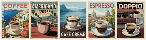 Vintage coffee posters display classic brews. Each panel features a different drink with scenic backdrops. Cups sit elegantly on saucers or tables. Retro art style evokes cozy cafe moments