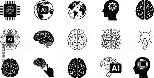 Artificial intelligence brain icons with circuit board global earth and human mind symbols cad drawing flat vector illustration for tech projects.